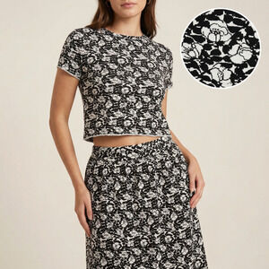 Beklina Women's 2-Piece Set Black White Floral Knit Crop Top Skirt Boho S/M